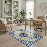 Navy Blue Gold Floral Medallion Rug