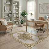 Cream Gold Ornate Floral Medallion Rug