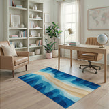 Blue and Teal Coastal Wave Beige Area Rug