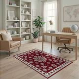 Red Snowflake Area Rug with Ornate Border