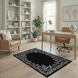 Ornate Floral Vine Oval Black White Area Rug