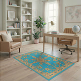 Turquoise Gold Ornate Floral Persian Rug
