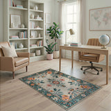 Teal Border Floral Cream Area Rug