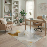 ODIKA Modern Abstract Gold and White Washable Area Rug - Low Pile Non-Slip Living Room Carpet