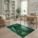 ODIKA Washable Emerald Green Tropical Leaf Rug - Low Pile Non-Slip Botanical Area Rug