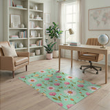Whimsical Mint Daisy Bird Floral Area Rug