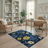 Navy Blue Floral Area Rug with Yellow Peonies Teal Leaves