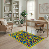 Vibrant Yellow Persian Floral Rug with Blue Pink Motifs