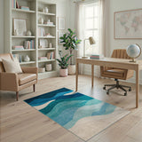 Teal Blue Layered Waves Abstract Area Rug