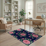 Pink Roses on Navy Floral Vintage Area Rug