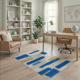 Blue Gold Brushstroke Geometric Area Rug
