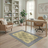 Elegant Beige Floral Damask Area Rug with Grey Border