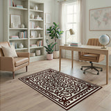 Ornate Brown Vine and Leaf Border Cream Rug
