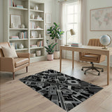 Black White Geometric Cityscape Area Rug