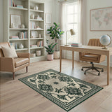 Ornate Black Floral Persian Area Rug on Cream Beige