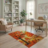 Vibrant Orange Autumn Maple Grove with Apples Birds Rug