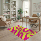 Vibrant Pink Swirl Abstract Area Rug on Yellow