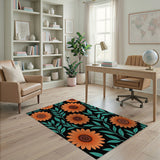 Vibrant Orange Sunflower Teal Leaf Area Rug