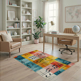 ODIKA Washable Music Note Abstract Area Rug - Vintage Teal & Orange Low Pile Non-Slip Rug