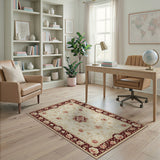 Beige and Neutral Ivory Persian Floral Area Rug with Red Border