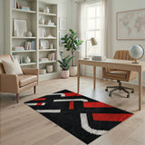 Bold Red White Geometric Area Rug on Black