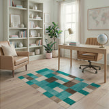 Teal Neutral Geometric Block Area Rug