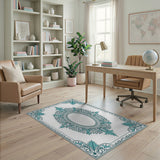 Teal Ornate Floral Frame Area Rug