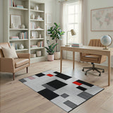 Black and White Geometric Black White Area Rug with Red Accents