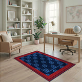 Navy Blue Lotus Floral Rug with Red Border