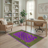 Purple Fleur-de-Lis Area Rug with Ornate Green Border
