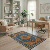 Blue and Orange Persian Medallion Area Rug