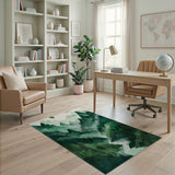 Washable Watercolor Green Mountain Forest Area Rug - Low Pile, Non-Slip & Pet Friendly