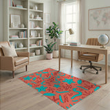 Teal Starfish Coral Seaweed Orange Area Rug