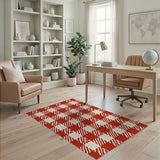 Red Gingham Check Area Rug with Leaf Motifs