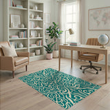 Teal Persian Floral Scroll Area Rug