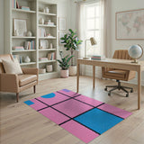 Playful Pink Grid Area Rug with Blue Purple Shapes