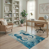 Embracing Seahorses Blue Teal Coastal Rug