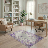 ODIKA Vintage Lilac Floral Washable Area Rug - Low Pile Non-Slip Aesthetic Carpet