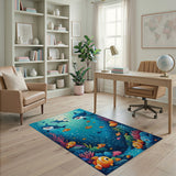 ODIKA Cartoon Ocean Shark & Clownfish Washable Area Rug - Low Pile Non-Slip Kids Playroom Decor