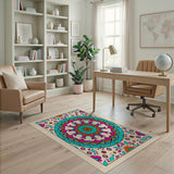 Vibrant Mandala Area Rug in Teal Pink Orange