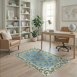 Vintage Blue Daisy Rug with Teal Ornate Frame