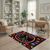 Playful Black Cat with Vibrant Leaves Round Rug
