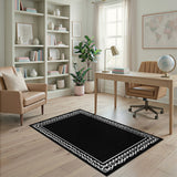 Black Area Rug with Intricate White Knot Border