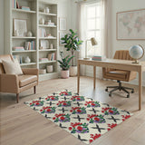 Vibrant Red Floral Vases Black Cross Pattern Rug