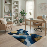 Washable Modern Fluid Art Navy Blue and Gold Low Pile Area Rug