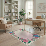 Vintage Floral Border Rug with Pink Roses Blue Hydrangeas