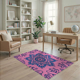 Boho Pink Mandala Area Rug with Navy Motifs