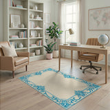 Ornate Blue Teal Floral Border Area Rug