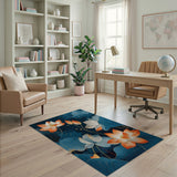 Teal Lotus Blooms Area Rug with Orange Petals