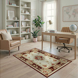 Elegant Ivory Peony Floral Area Rug with Burgundy Border